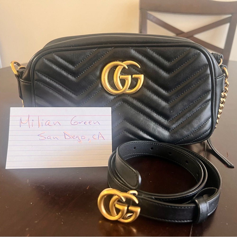 Gucci Black Quilted Leather Bag with Gold Hardware. The belt is included